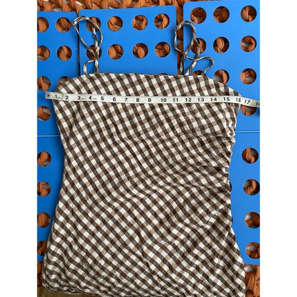 House of Harlowe 1960 Brown Gingham Check Ruched Sheath Midi Slip Dress - L - Picture 12 of 16